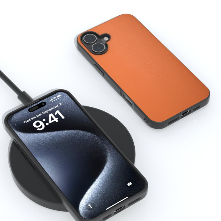 For iPhone 16 Plus PU Leather Black Frame Full Coverage Phone Case(Orange)