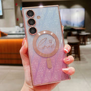 For Samsung Galaxy S25 5G Dual-Love Leaves Gradient Glitter MagSafe TPU Phone Case(Pink)