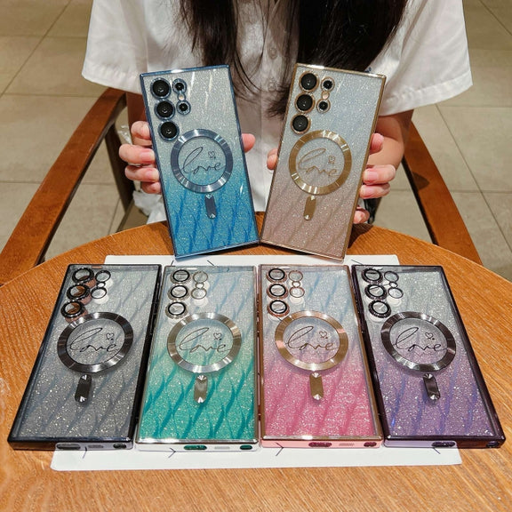 For Samsung Galaxy S25+ 5G Dual-Love Leaves Gradient Glitter MagSafe TPU Phone Case(Blue)