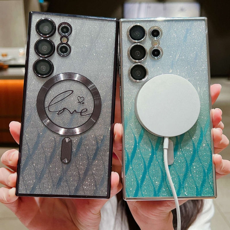 For Samsung Galaxy S25 Ultra 5G Dual-Love Leaves Gradient Glitter MagSafe TPU Phone Case(Green)
