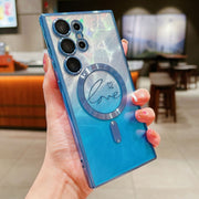 For Samsung Galaxy S25 Ultra 5G Dual-Love Feather Gradient Glitter MagSafe TPU Phone Case(Blue)