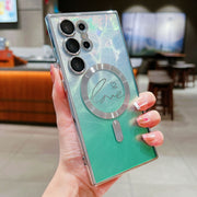 For Samsung Galaxy S25 Ultra 5G Dual-Love Feather Gradient Glitter MagSafe TPU Phone Case(Green)