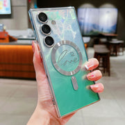 For Samsung Galaxy S25 5G Dual-Love Feather Gradient Glitter MagSafe TPU Phone Case(Green)