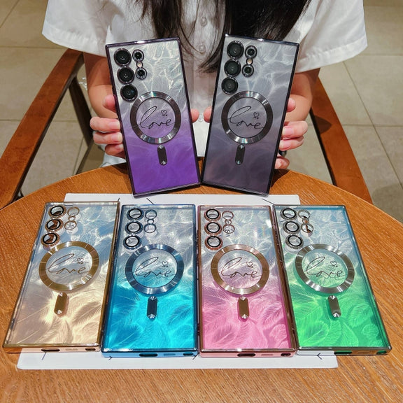 For Samsung Galaxy S25+ 5G Dual-Love Feather Gradient Glitter MagSafe TPU Phone Case(Gold)