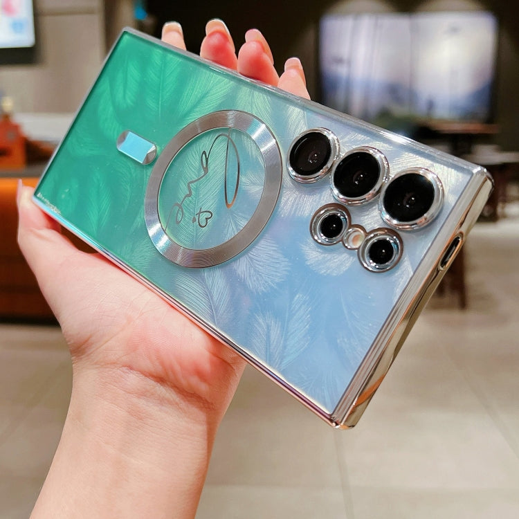 For Samsung Galaxy S25 5G Dual-Love Feather Gradient Glitter MagSafe TPU Phone Case(Blue)