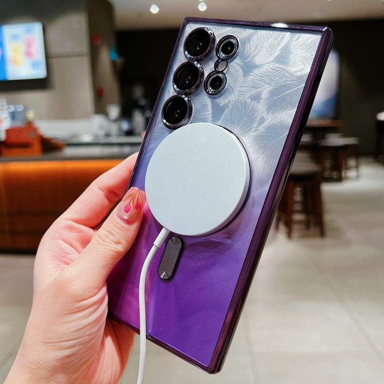 For Samsung Galaxy S25+ 5G Dual-Love Feather Gradient Glitter MagSafe TPU Phone Case(Gold)