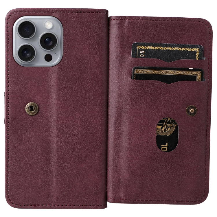 For iPhone 16 Pro Max Multi-Function Wallet 10 Card Slots Leather Phone Case(Claret)