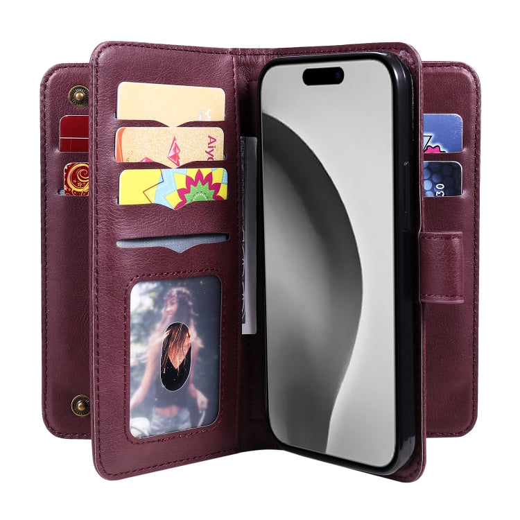 For iPhone 16 Pro Max Multi-Function Wallet 10 Card Slots Leather Phone Case(Claret)