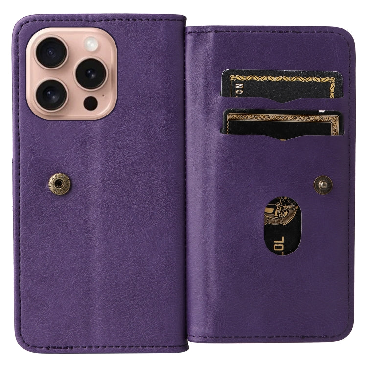 For iPhone 16 Pro Multi-Function Wallet 10 Card Slots Leather Phone Case(Violet)