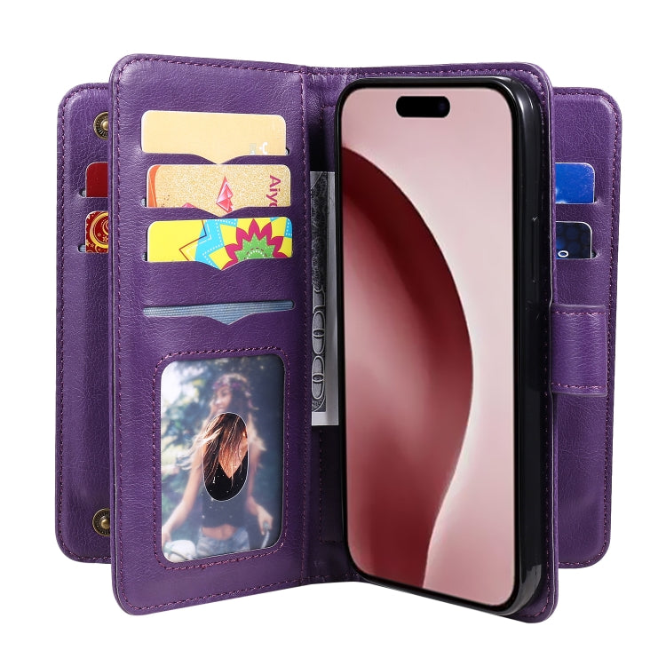 For iPhone 16 Pro Multi-Function Wallet 10 Card Slots Leather Phone Case(Violet)