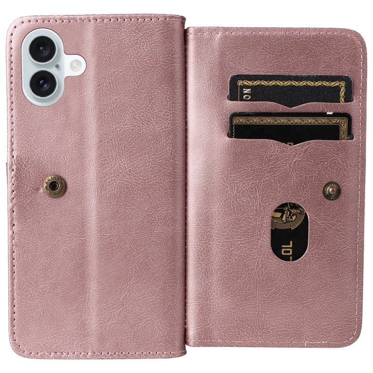 For iPhone 16 Plus Multi-Function Wallet 10 Card Slots Leather Phone Case(Rose Gold)
