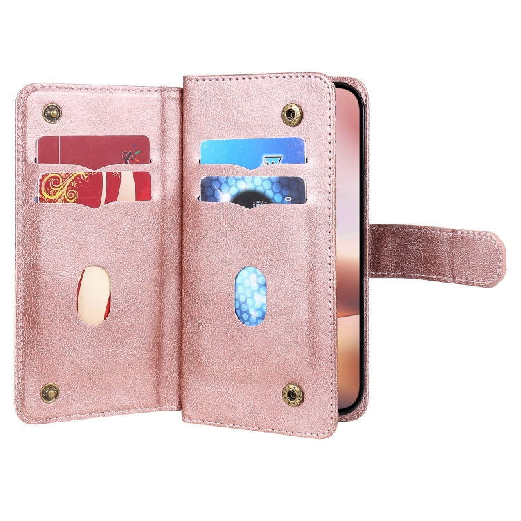 For iPhone 16 Plus Multi-Function Wallet 10 Card Slots Leather Phone Case(Rose Gold)