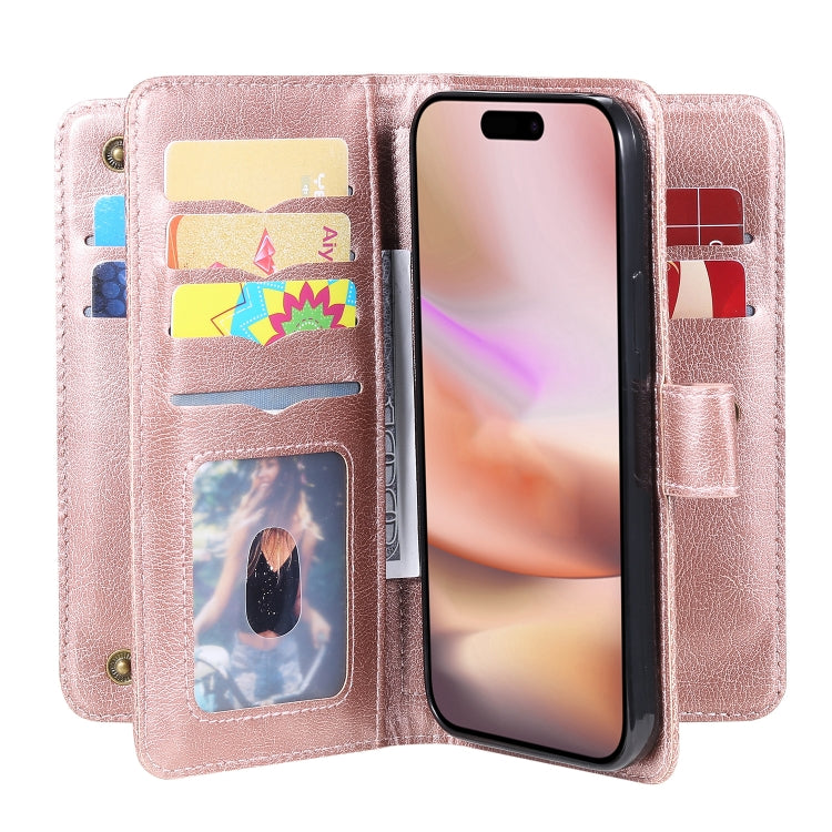 For iPhone 16 Plus Multi-Function Wallet 10 Card Slots Leather Phone Case(Rose Gold)