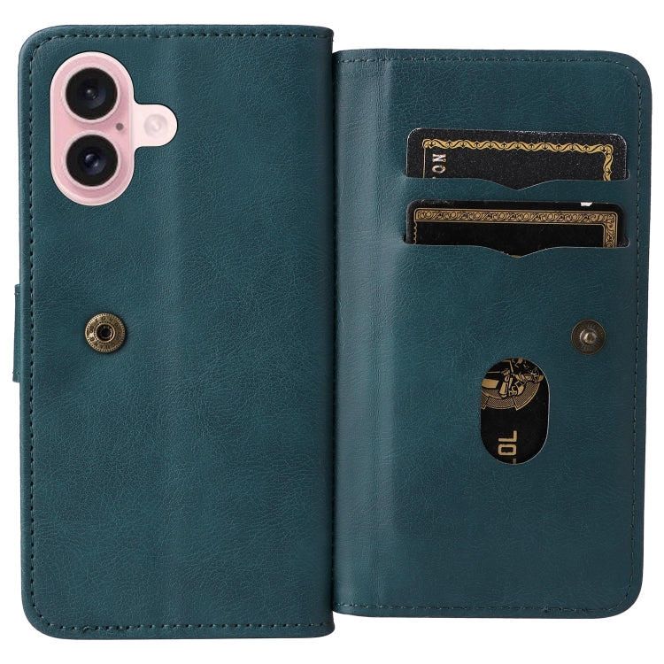 For iPhone 16 Multi-Function Wallet 10 Card Slots Leather Phone Case(Dark Green)