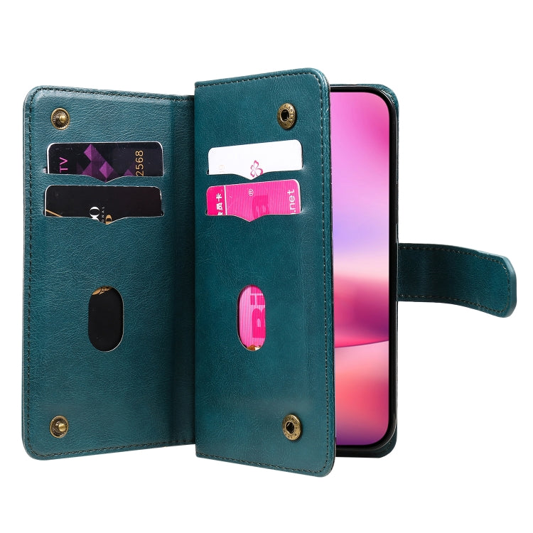 For iPhone 16 Multi-Function Wallet 10 Card Slots Leather Phone Case(Dark Green)