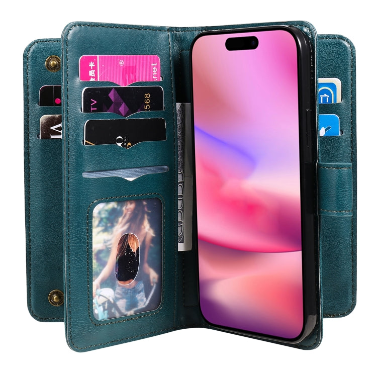 For iPhone 16 Multi-Function Wallet 10 Card Slots Leather Phone Case(Dark Green)