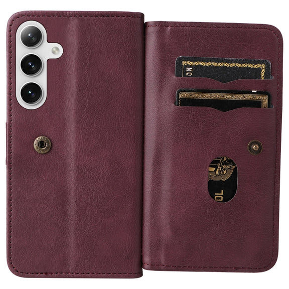 For Samsung Galaxy S25+ / S24+ 5G Multi-Function Wallet 10 Card Slots Leather Phone Case(Claret)
