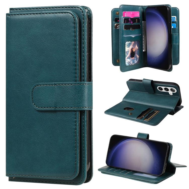For Samsung Galaxy S25+ / S24+ 5G Multi-Function Wallet 10 Card Slots Leather Phone Case(Dark Green)