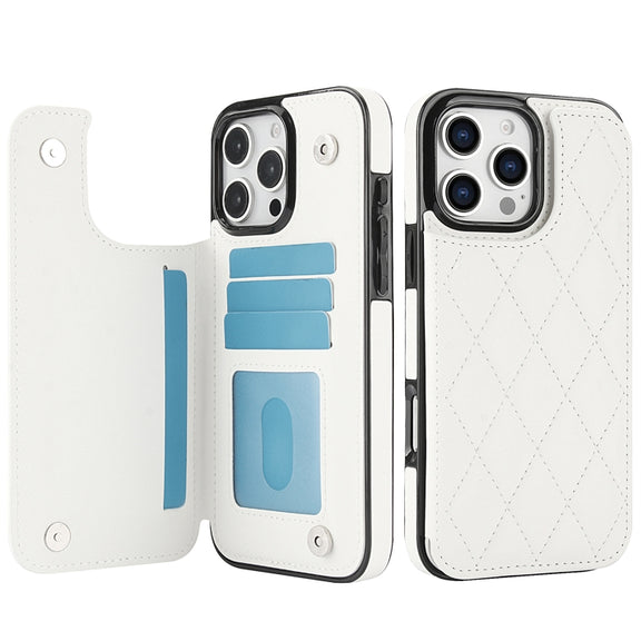 For iPhone 16 Pro Max Double Buckle Rhombic PU Leather Phone Case(White)