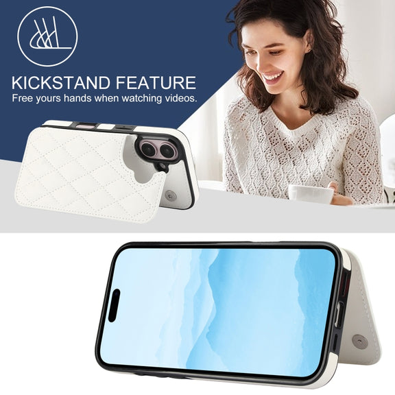 For iPhone 16 Plus Double Buckle Rhombic PU Leather Phone Case(White)
