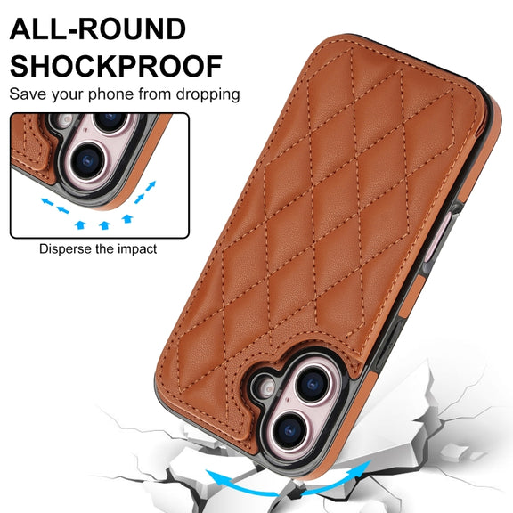 For iPhone 16 Double Buckle Rhombic PU Leather Phone Case(Brown)