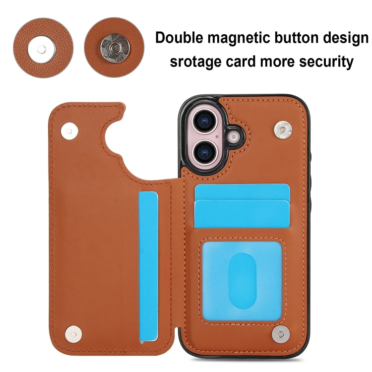 For iPhone 16 Double Buckle Rhombic PU Leather Phone Case(Brown)
