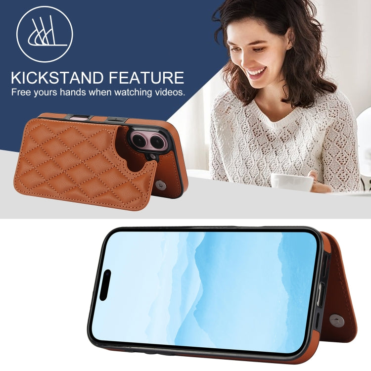 For iPhone 16 Double Buckle Rhombic PU Leather Phone Case(Brown)