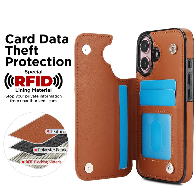 For iPhone 16 Double Buckle Rhombic PU Leather Phone Case(Brown)