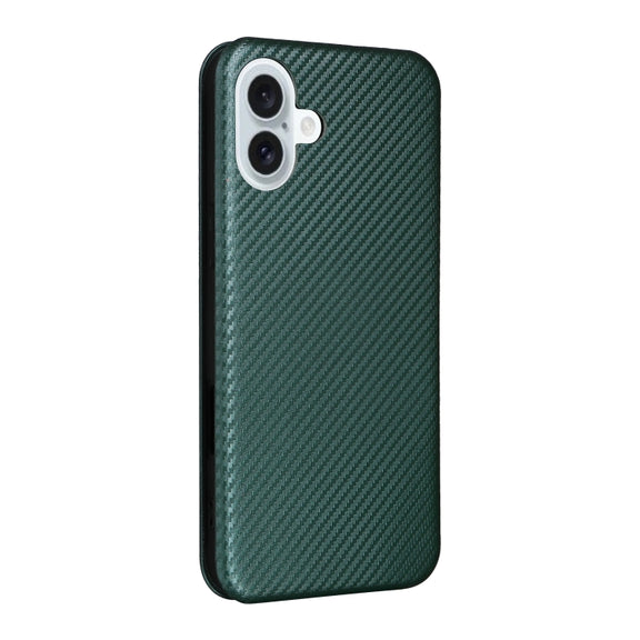 For iPhone 16 Carbon Fiber Texture Flip Leather Phone Case(Green)