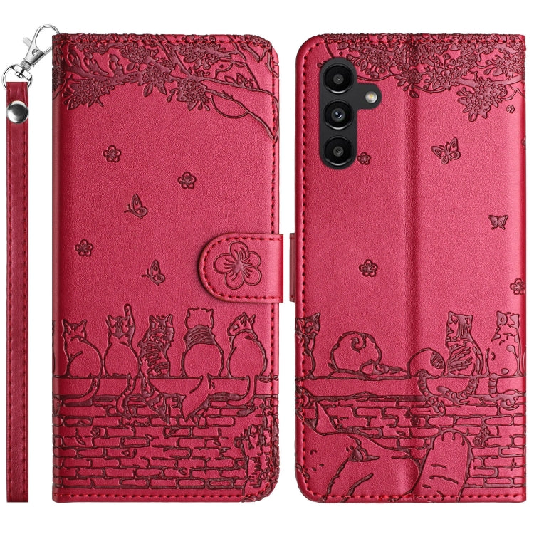 For Samsung Galaxy S25 5G Cat Embossing Pattern Leather Phone Case with Lanyard(Red)