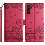 For Samsung Galaxy S25 5G Cat Embossing Pattern Leather Phone Case with Lanyard(Red)