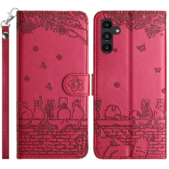 For Samsung Galaxy S25 5G Cat Embossing Pattern Leather Phone Case with Lanyard(Red)