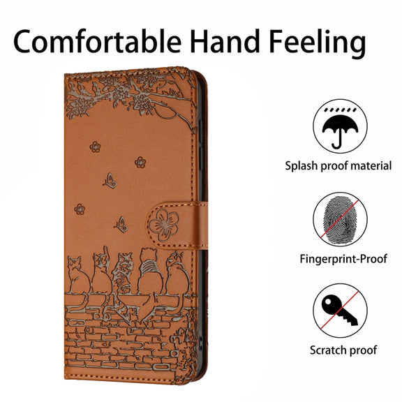 For Samsung Galaxy S25 5G Cat Embossing Pattern Leather Phone Case with Lanyard(Brown)