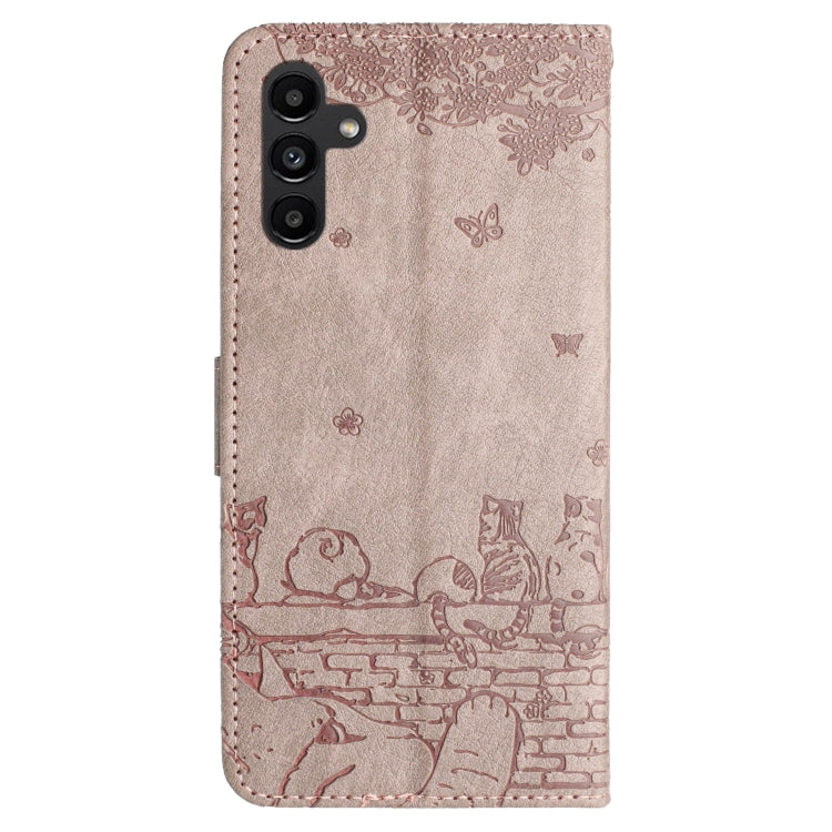 For Samsung Galaxy S25 5G Cat Embossing Pattern Leather Phone Case with Lanyard(Grey)