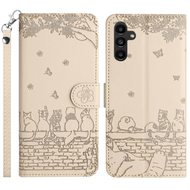 For Samsung Galaxy S25 5G Cat Embossing Pattern Leather Phone Case with Lanyard(Beige)