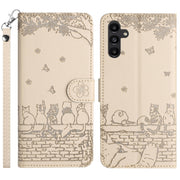 For Samsung Galaxy S25 5G Cat Embossing Pattern Leather Phone Case with Lanyard(Beige)