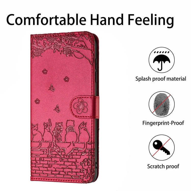 For Samsung Galaxy S25+ 5G Cat Embossing Pattern Leather Phone Case with Lanyard(Red)
