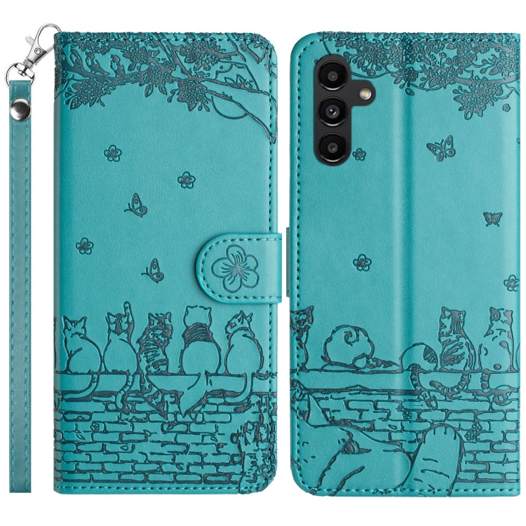 For Samsung Galaxy S25+ 5G Cat Embossing Pattern Leather Phone Case with Lanyard(Blue)