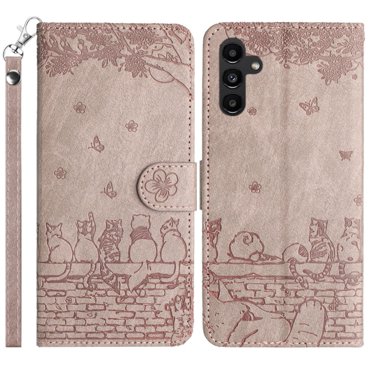 For Samsung Galaxy S25+ 5G Cat Embossing Pattern Leather Phone Case with Lanyard(Grey)