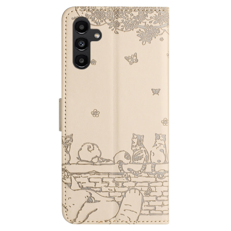 For Samsung Galaxy S25+ 5G Cat Embossing Pattern Leather Phone Case with Lanyard(Beige)