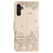 For Samsung Galaxy S25+ 5G Cat Embossing Pattern Leather Phone Case with Lanyard(Beige)