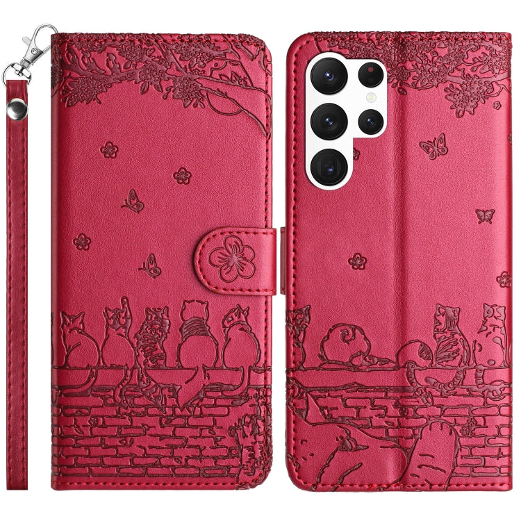 For Samsung Galaxy S25 Ultra 5G Cat Embossing Pattern Leather Phone Case with Lanyard(Red)