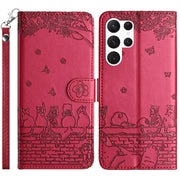 For Samsung Galaxy S25 Ultra 5G Cat Embossing Pattern Leather Phone Case with Lanyard(Red)