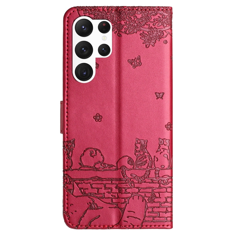 For Samsung Galaxy S25 Ultra 5G Cat Embossing Pattern Leather Phone Case with Lanyard(Red)