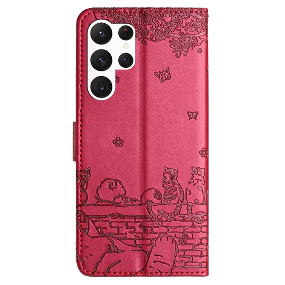 For Samsung Galaxy S25 Ultra 5G Cat Embossing Pattern Leather Phone Case with Lanyard(Red)
