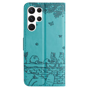 For Samsung Galaxy S25 Ultra 5G Cat Embossing Pattern Leather Phone Case with Lanyard(Blue)