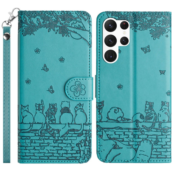 For Samsung Galaxy S25 Ultra 5G Cat Embossing Pattern Leather Phone Case with Lanyard(Blue)