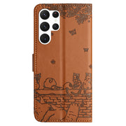 For Samsung Galaxy S25 Ultra 5G Cat Embossing Pattern Leather Phone Case with Lanyard(Brown)