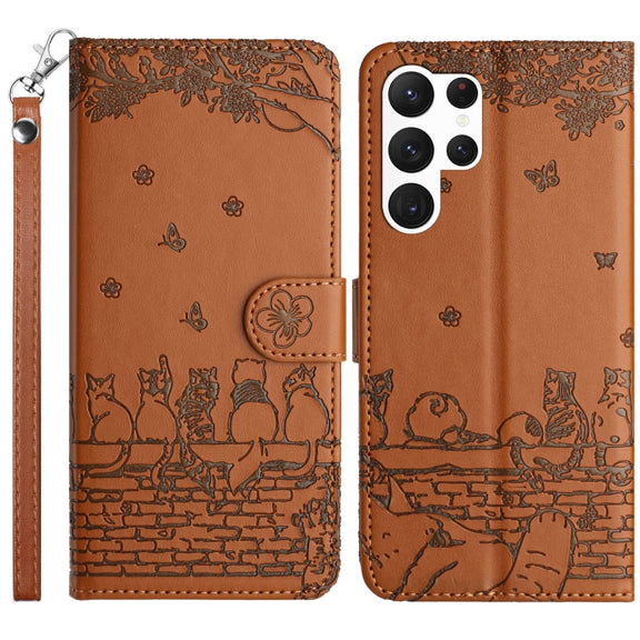 For Samsung Galaxy S25 Ultra 5G Cat Embossing Pattern Leather Phone Case with Lanyard(Brown)