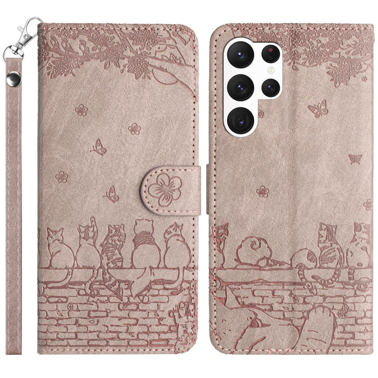 For Samsung Galaxy S25 Ultra 5G Cat Embossing Pattern Leather Phone Case with Lanyard(Grey)
